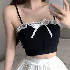 Dazy Women's Black Tank Top White Lace